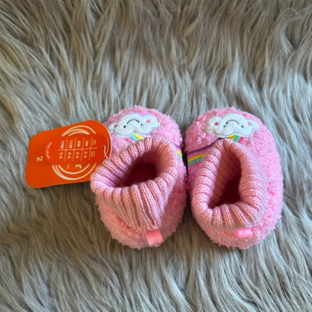 Wonder Nation Slippers Baby Girls Size 2 Pink Fuzzy Rainbow Shoes 18 Months